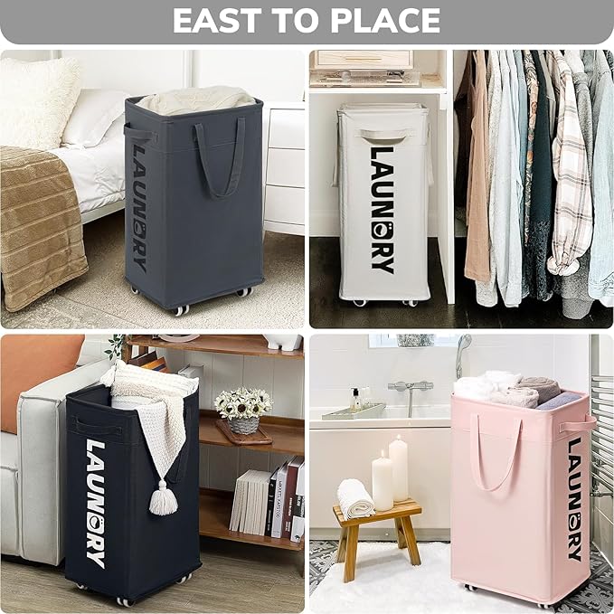 Goodpick Laundry Basket with Wheels, Laundry Hamper with Removable Wash Bag, Clothes Hamper, Rolling Laundry Basket, Dorm Room Essentials, 75L, Grey
