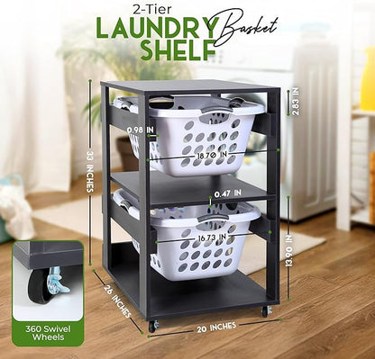 Laundry Basket Holder Shelf (2-Tier) - Stackable Engineered Wood Laundry Tower with Wheels, Tiered Laundry Hamper Organizer for Bathroom, Bedroom