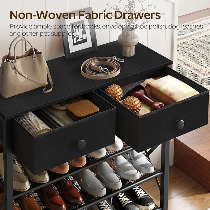 YATINEY 4 Tier Shoe Rack, Large Capacity Shoe Storage Organizer, Metal Shoe Shelf with Drawer and Wooden Top, for 16 Pairs of Shoes, for Entryway, Closet, Black SS24BB