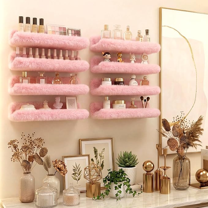 Care&More YJ 15 Inch Nail Polish Shelves, 4-Pack Fuzzy Display Nail Polish Rack for Storing Nail Bottles, Sunglasses, Essential Oils, Plush Soft Pink