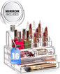 Masirs Clear Makeup Organizer with Mirror – 16-Compartment Cosmetic and Jewelry Holder, 4-Drawer Vanity Storage, Elegant Clear Design for Makeup and Accessories