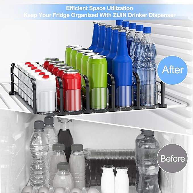 Automatic Drink Organizer for Fridge, Refrigerator Soda Can Dispenser & Beverage Pusher Glide for Pantry, Cooler & Kitchen, Self-Pushing Drink Holder for Soda, Beer, Seltzer - Black, 5 Rows-15"D