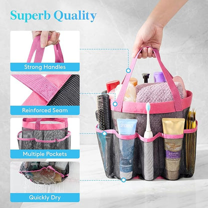 Lifewit Mesh Shower Caddy Portable for College Dorm Room Essentials with 7 Pockets, Freestanding Hanging Organizer Basket, Quick Dry Tote Bag for Camping, Bathroom, Beach, Travel, 1 Pack, Pink