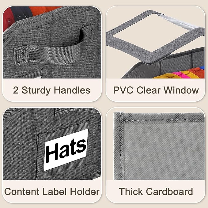 2 PCS Stackable Hat Storage for Baseball Caps with Clear Window Lid，Holds up to 28 Caps Hat Organizer Boxes for Closet，Sturdy Snapback Baseball Cap Organizer for Closet Shelf Use (Deep Grey)