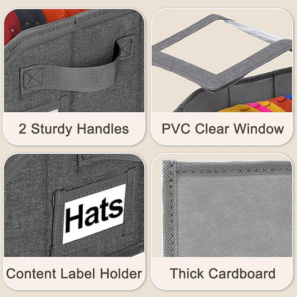 2 PCS Stackable Hat Storage for Baseball Caps with Clear Window Lid，Holds up to 28 Caps Hat Organizer Boxes for Closet，Sturdy Snapback Baseball Cap Organizer for Closet Shelf Use (Deep Grey)