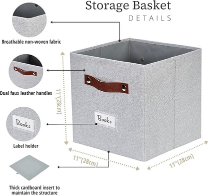 DECOMOMO Storage Bins, Cube Storage Bin with Labels, Fabric Storage Cubes for Shelves (11" / 6pcs, Light Texture Grey)