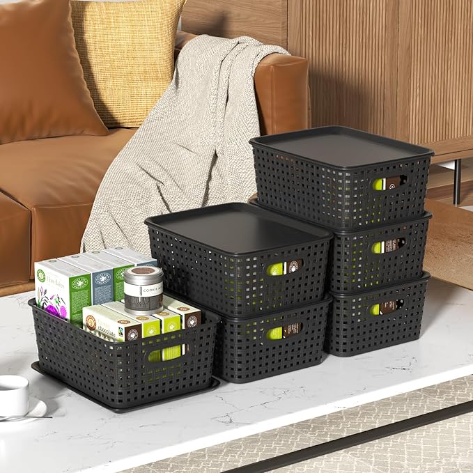 Set of 6 Plastic Lidded Storage Shelf Baskets, Stackable Storage Basket with Lid, Black