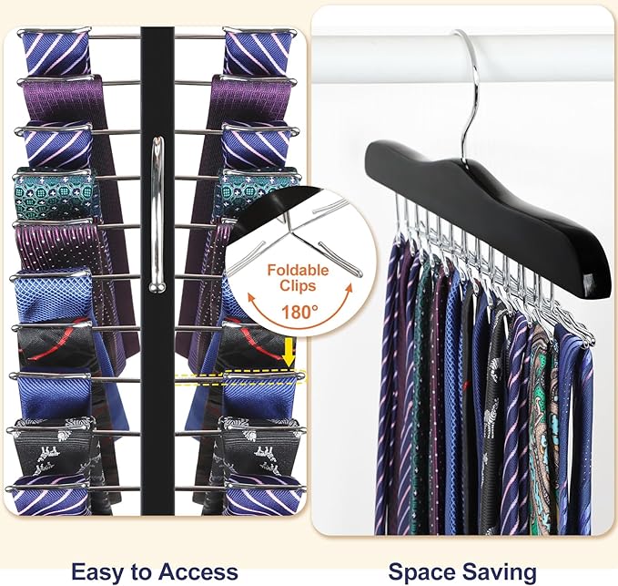 TOPIA HANGER Tie Rack Hanger for Closet 2 Packs, Wooden Tie Organizer for Men with 24 Folding Hooks, Space Saving Necktie Holder for Storage and Display Bra, Tank Top, Camisole (Black) - CT14B-2