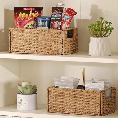 Vagusicc Wicker Storage Basket, Set of 2 Hand-Woven Paper Rope Wicker Basket, Small Storage Baskets for Organizing Toilet Paper, Foldable Large Cube Storage Organizer Bins for Shelves (Natural)