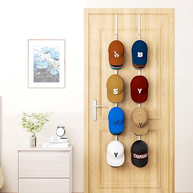 HapiRm Over Door Hat Rack - 2 Packs Hat Organizer with 8 Hooks Design, Hanging Baseball Cap Organizer Storage Holds Up to 40 Caps for Door, Bedroom, Closet (White)