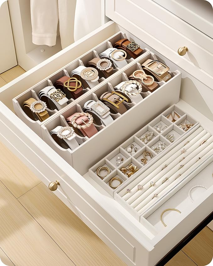 Lolalet 7 Compartments Belt Organizer, PU Leather Belt Holder with Soft Lining, Extra-Wide Slots for Women, Fits Drawer, Closet & Entryway Cabinet -2 Packs, Cream