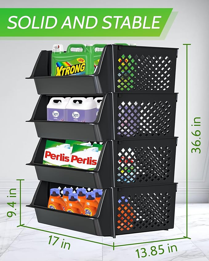 TidyFriend 4 Pk Large Stackable Storage Bins Open Front for Pantry Organizers and Storage, Pantry Storage for Food, Kitchen and Home Organization, Plastic Storage Bins, Dorm Room Essentials (Black)
