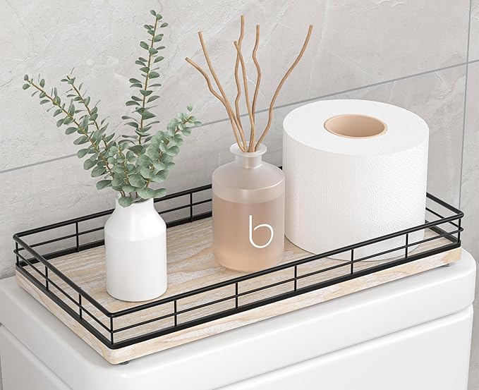 Toilet Paper Basket Organizer – Ash Wood Toilet Tank Tray with Metal Frame, Bathroom Counter Top Storage for Toilet Paper Wipes & Decor, Modern Narrow Back of Tank Shelf Organizer, Black & Whitewashed