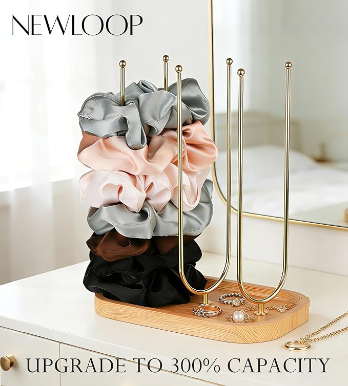 NEWLOOP Scrunchie Holder for Women - Triple Storage 3 Rotating Rods 6-Arm Hair Accessory Organizer with Jewelry Tray Wood & Metal Collection Holder Gift for Loved Ones Natural