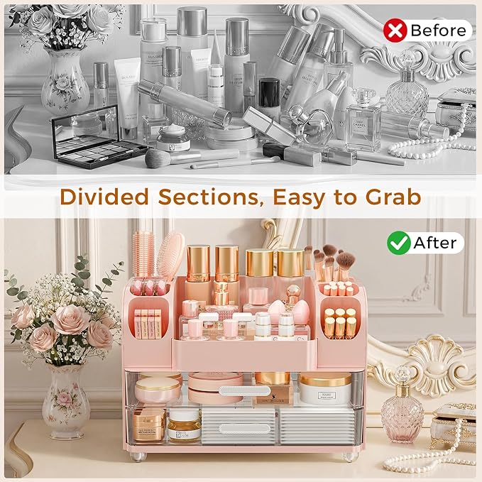 Makeup Organizer for Vanity with Brush Holder, Large Bathroom Countertop Organizer & Skincare Storage | Perfume, Cosmetics Display Case with Drawers (Pink)