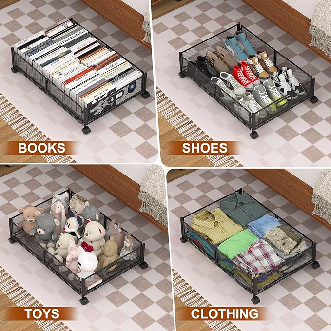 Under Bed Storage Containers,4 Pack Foldable Underbed Storage Containers with Handles and Wheels,Folding Bed Shoes Clothes Organizer,Easy Assembly Underbed Storage for Toy,Bedding,Bedroom(Black)