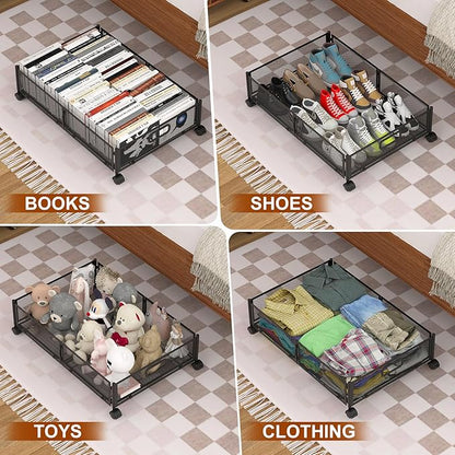 Under Bed Storage Containers,4 Pack Foldable Underbed Storage Containers with Handles and Wheels,Folding Bed Shoes Clothes Organizer,Easy Assembly Underbed Storage for Toy,Bedding,Bedroom(Black)