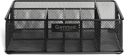 Gennua Kitchen Paper Plate Organizer for Cabinet, Counter, Picnics, Parties & More, Extra Large Utensil Caddy Crafted of Thick Iron Mesh With 6 Compartments for Paper Plates & Plastic Silverware