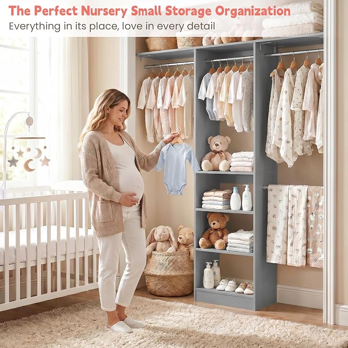 iSunirm 48" Small Closet System, Space-Saving Wall-Mounted Wardrobe Organizer, Mini Garment Rack for Narrow Spaces, Morning Outfit Prep Station & Nursery Dress-up Storage,Grey