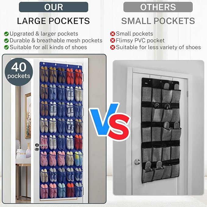 40-Pocket Over the Door Shoe Organizer - Large Mesh Pocket Hanging Shoe Organizer,Behind the Door Shoes Storage Holder Hanger