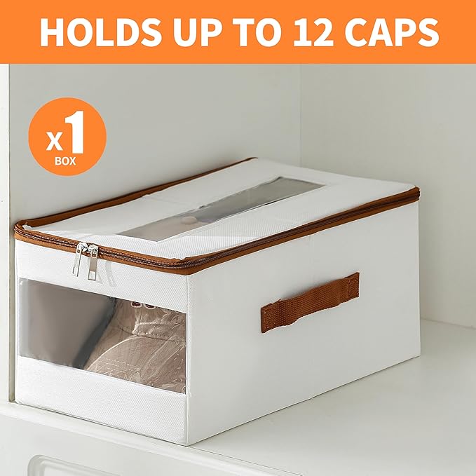 Stackable Hat Organizer for Baseball Caps, Hat Storage Holder Container for Closet Hold Up to 12 Caps with Clear Window, Hat Boxes for Home Storage (White, 1 Pack)
