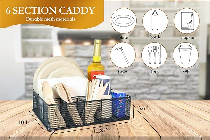 Metal Paper Plate Organizer & Utensil Holder for Countertop, Silverware Caddy Cutlery Flatware Organizer for Plastic Cup Forks Spoon Napkins, Paper Plate Holder for Picnic Camping Party
