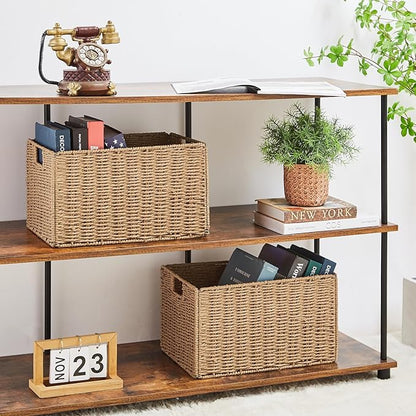 Vagusicc Wicker Storage Basket, Set of 2 Hand-Woven Paper Rope Wicker Basket, Small Storage Baskets for Organizing Toilet Paper Basket, Foldable Large Cube Storage Organizer Bins for Shelves (Natural)