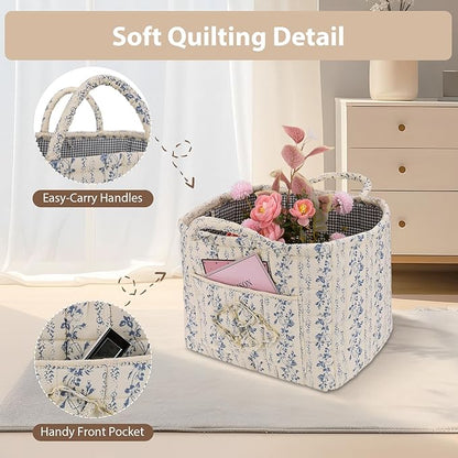 Storage Basket Boho Fabric Large Collapsible Floral Laundry Nursery Hamper Portable Folding Storage for Clothes Toys (Vine-Blue C)