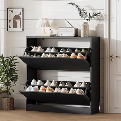 Xixini Shoe Storage Cabinet for Entryway with 2 Flip Drawers, Wood Freestanding Hidden Shoe Storage, Sturdy Narrow Slim Shoe Organizer for Front Door Entrance, Living Room, Hallway, Bedroom, Black