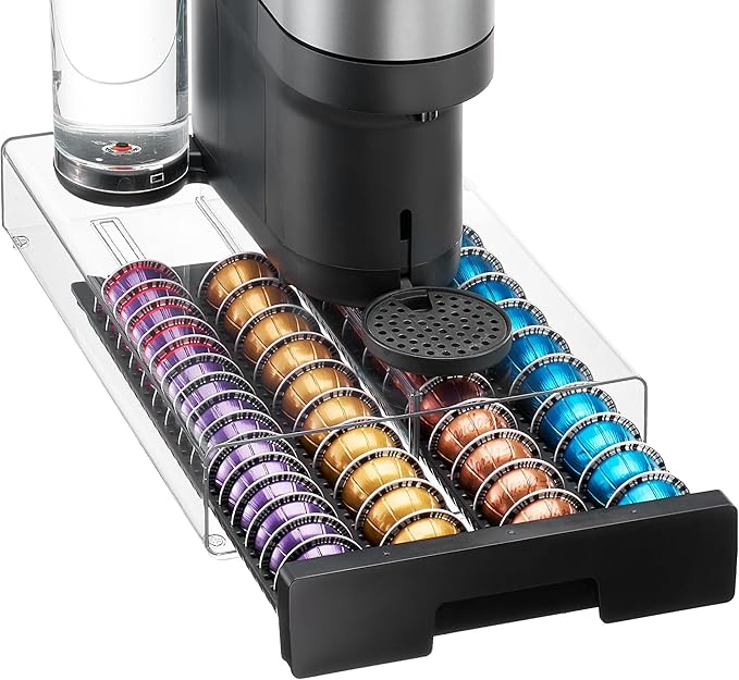 Vtopmart Coffee Pod Drawer Organizer for Nespresso Vertuo Pods, Holds 40 Large or 60 Small Capsules, Acrylic Coffee Pod Holder with Smooth Pull-Out, Anti-Slip Clear Storage