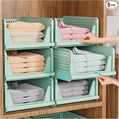 SNSLXH 5 Pack Stackable Closet Organizer Box, Multifunctional & Foldable Closet Storage Basket for Bathroom Kitchen Laundry Room Wardrobe Storage, Space-Saving Clothes Storage Drawer Organizer, Green