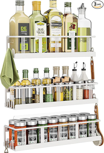 Bunoxea Spice Rack Wall Mounted 3 Pack, Space-Saving Spice Organizer for Spice Jars and Seasonings,Screw or Adhesive Hanging Spice Rack Organizer for Your Kitchen Cabinet,or Pantry Door White