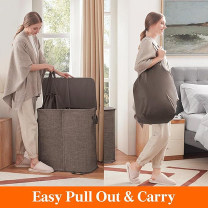 Lifewit Double Laundry Hamper with Lid and Removable Laundry Bags, Large Collapsible 2 Dividers Dirty Clothes Basket with Handles for Bedroom Laundry Room Closet Bathroom College, 136L Brown