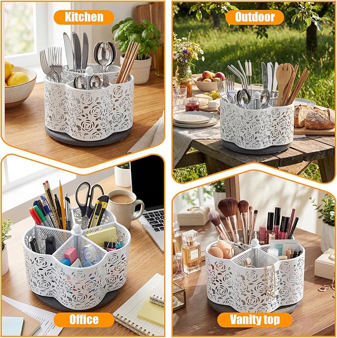 360 Degree Rotating Utensil Caddy Silverware Cutlery Caddy Holder with 5 Compartment Kitchen Countertop Organizer for Spoon Fork Flatware Storage for Home or Outdoor Picnic Camping (White)