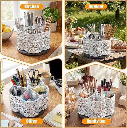 360 Degree Rotating Utensil Caddy Silverware Cutlery Caddy Holder with 5 Compartment Kitchen Countertop Organizer for Spoon Fork Flatware Storage for Home or Outdoor Picnic Camping (White)