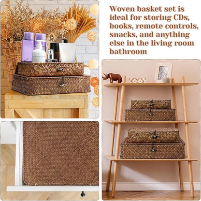 Didaey Set of 4 Seagrass Basket with Lid Wicker Storage Basket Decorative Storage Boxes with Lids Flat Storage Bins Woven Organizer Baskets for Shelf Closet Bedroom, 4 Sizes (Dark Brown)