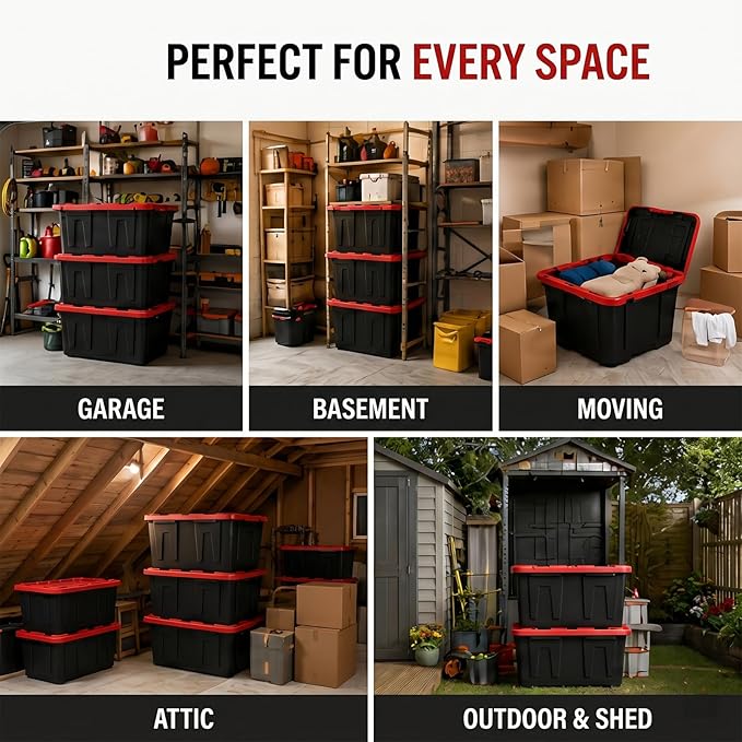 27 Gal Industrial Tote,4 Pack Large Storage Bin,Black with Red Lid Plastic Storage Container Stackable & Nestable Heavy Duty Storage Totes, Suitable for Garages, Basements or Outdoors (4 Pack)