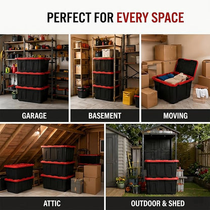 27 Gal Industrial Tote,4 Pack Large Storage Bin,Black with Red Lid Plastic Storage Container Stackable & Nestable Heavy Duty Storage Totes, Suitable for Garages, Basements or Outdoors (4 Pack)