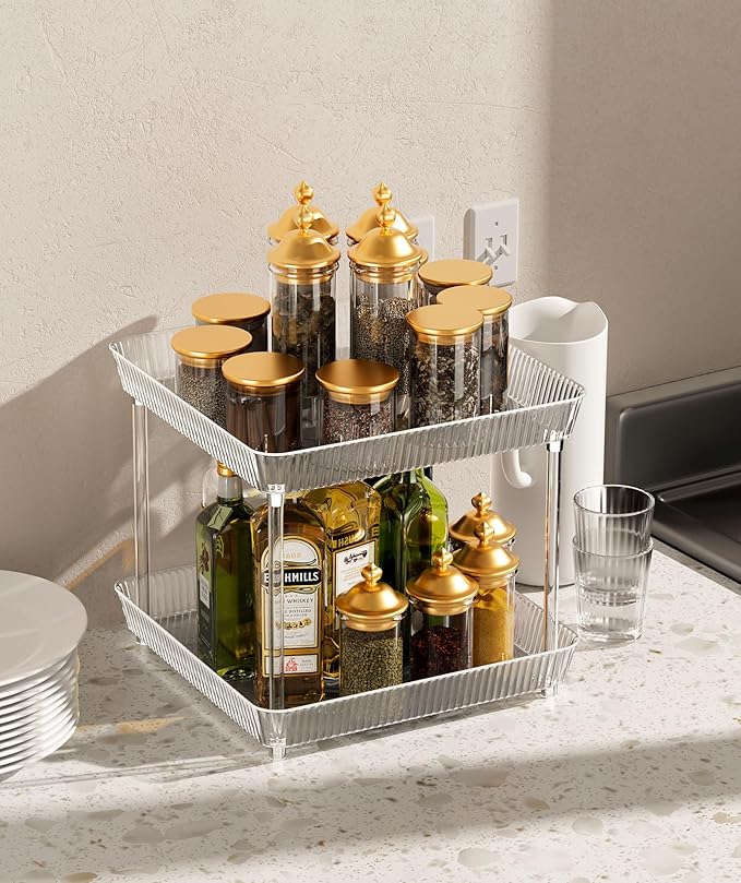 3 Tier Lazy Susan Bathroom Countertop Organizer, 360° Clear Rotating Square Storage Tray, Cosmetics and Perfume Organizer, Spinning Storage Tray Vanity Organizer Shelf for Bathroom Cabinet, Kitchen