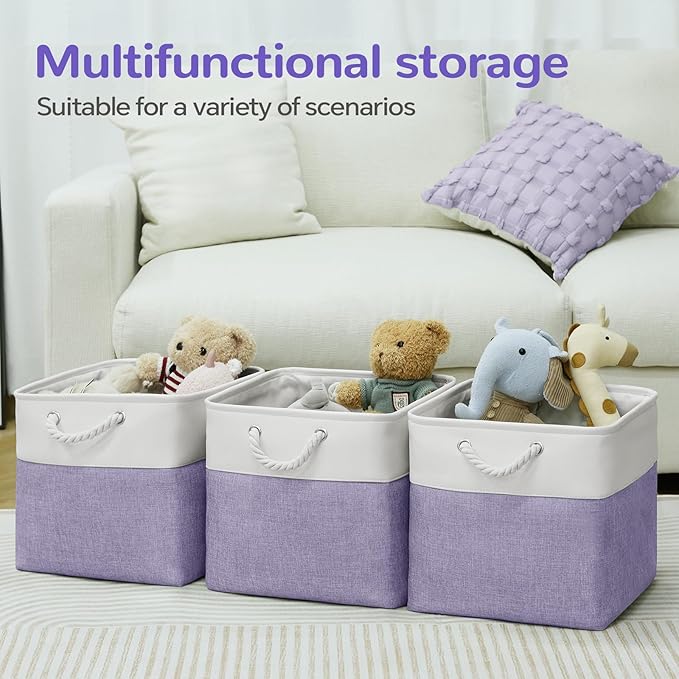 12 x 12 Inch Cube Storage Bins, 4 Pack Fabric Storage Basket with Handles, Foldable Boxes Organizer for Shelf Baskets for Home, Clothes (White/Purple)
