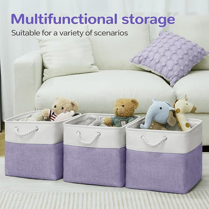 12 x 12 Inch Cube Storage Bins, 4 Pack Fabric Storage Basket with Handles, Foldable Boxes Organizer for Shelf Baskets for Home, Clothes (White/Purple)