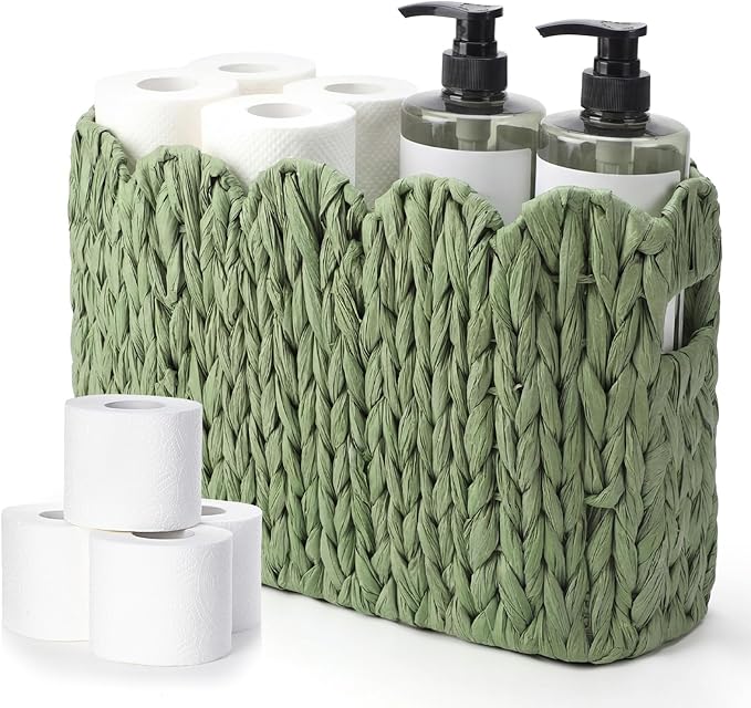 Kathfly Sage Green Toilet Paper Storage Basket Scalloped Wicker Woven Bathroom Basket Toilet Paper Holder Holds up to 6 Mega Rolls Woven Organizer for Home Bathroom Kitchen Offices