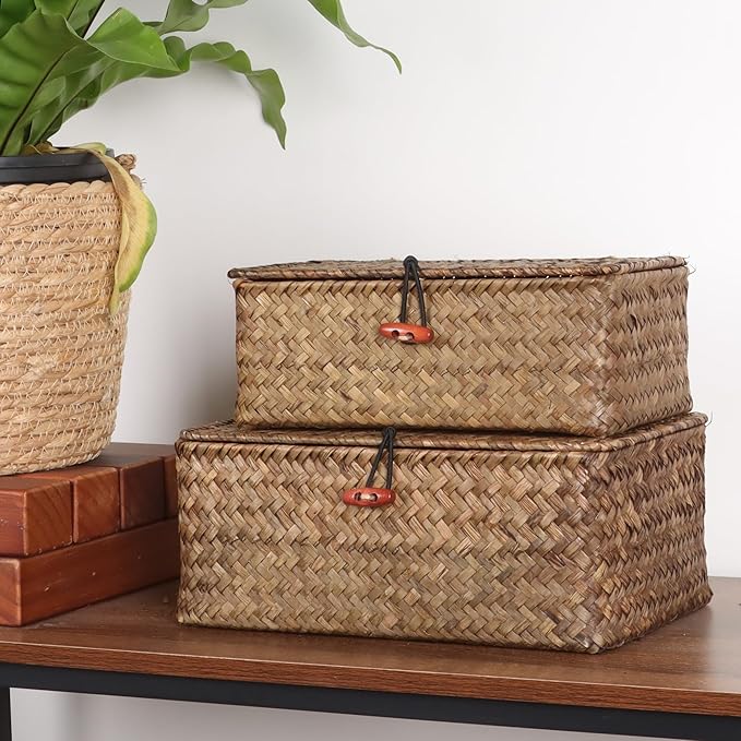 Moosky Wicker Shelf Baskets with Lid,Handwoven Seagrass Basket for Storage Basket Bins Rectangular Home Organizer Gift Boxes (Coffee Set of 2)