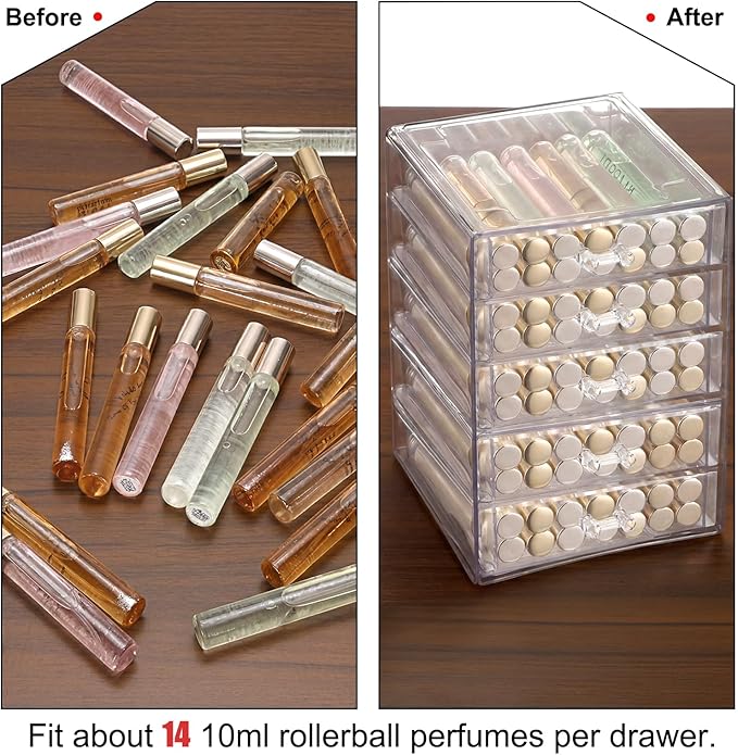 ELLDOO Rollerball Perfume Organizer with 5 Drawer, Clear Acrylic Perfume Storage Holder Beauty Scent Holder, Makeup Lipgloss Lipstick Display Case Office Supplies Box