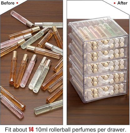 ELLDOO Rollerball Perfume Organizer with 5 Drawer, Clear Acrylic Perfume Storage Holder Beauty Scent Holder, Makeup Lipgloss Lipstick Display Case Office Supplies Box