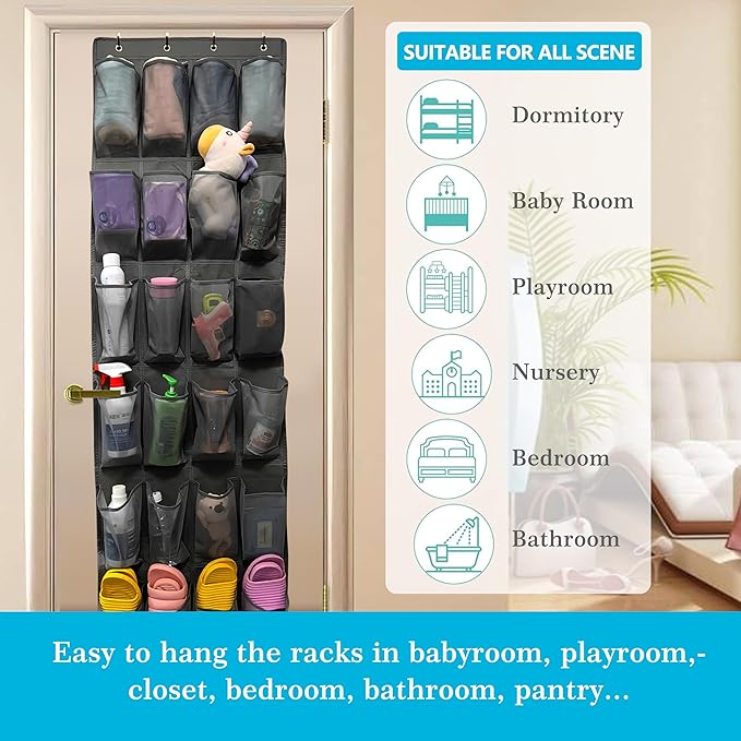 Over The Door Shoe Organizer with 24 Large Breathable Mesh Pockets Sturdy Closet Door Shoe Storage Holder Hanging SimpleHouseware Men Women Kids Shoe Holder for Rack (Black)