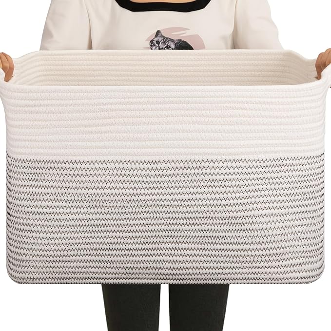 OIAHOMY Large Blanket Basket, 65L Cotton Rope Woven Laundry Basket, Toy Bin for Baby Room, Container for Blanket Storage in Living Room, 20''×16''×12'', Black & White