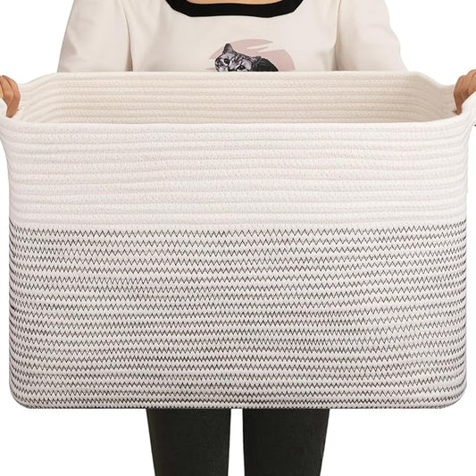 OIAHOMY Large Blanket Basket, 65L Cotton Rope Woven Laundry Basket, Toy Bin for Baby Room, Container for Blanket Storage in Living Room, 20''×16''×12'', Black & White