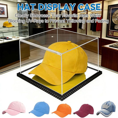 Clear Hat Display Case Acrylic Baseball Cap Holder Stand Transparent Hat Storage Box Dustproof Square UV Protection Cabinet with Carbon Fiber Skin Base and Removable Mirror Base
