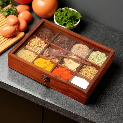 Wooden Spice Box, Masala Container, Condiments Storage Case for Kitchen, Multipurpose Decorative Box - Indian Rosewood Crafted